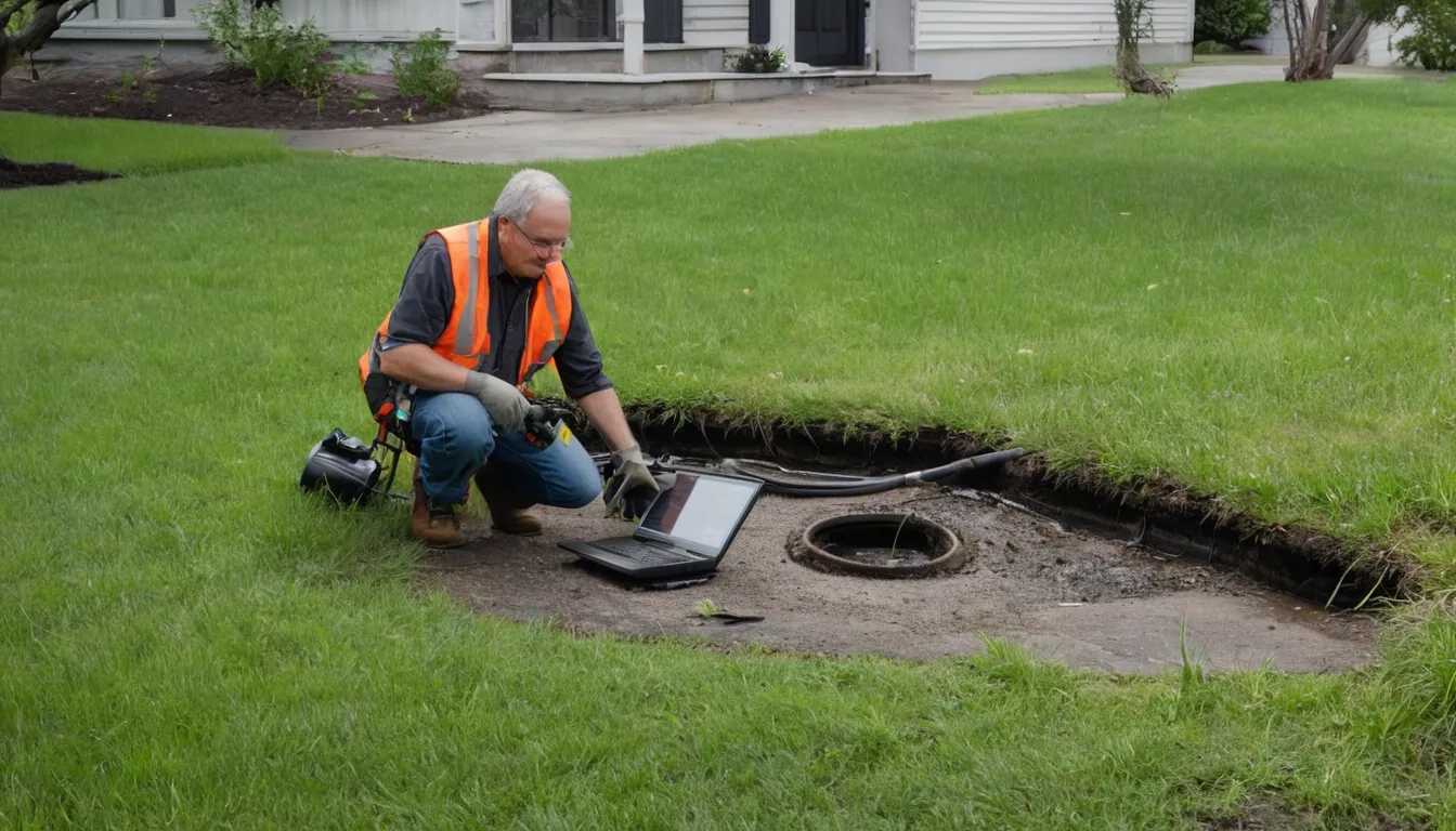 Provider inspecting an older home's sewer cleanout in a yard near Caledonia